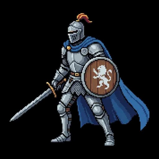 a pixel art knight with a blue cape, side view
