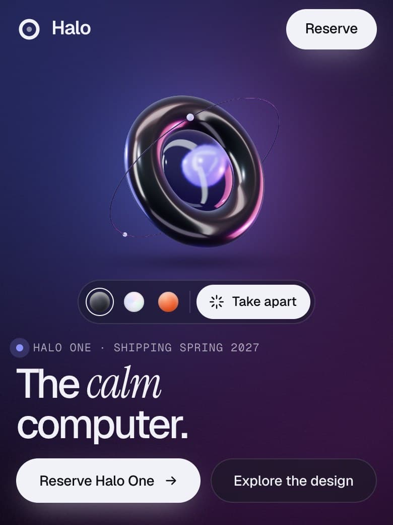Halo, a launch page with a glossy 3D ring and glass lens floating beside the headline “The calm computer.”