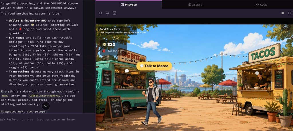 Rosebud editor: a food-truck game running live in the preview pane beside the chat