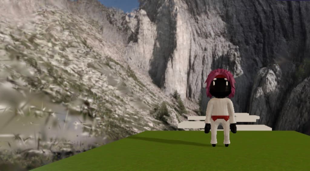A 3D character overlooking a mountain canyon rendered in the browser