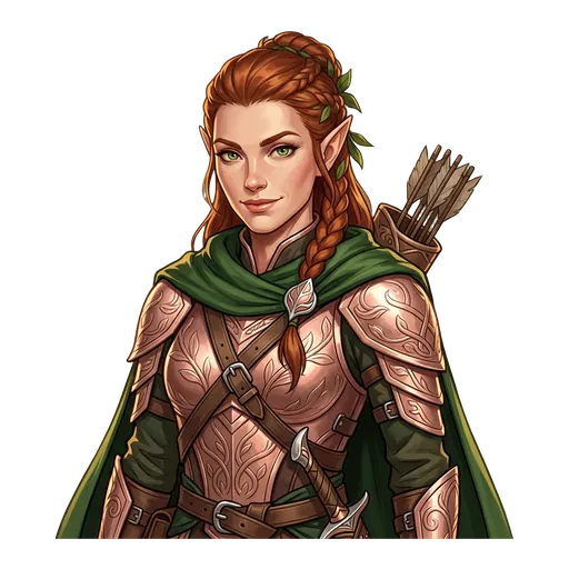 Character Portrait example: a confident elf ranger with rose-gold armor
