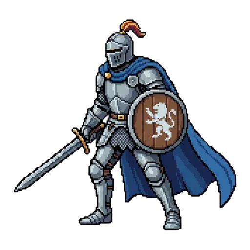 Sprite example: a pixel art knight with a blue cape, side view
